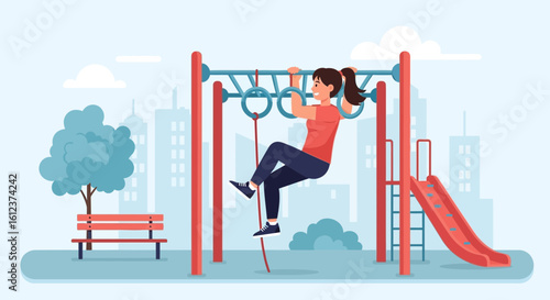 Illustration of a woman exercising on playground equipment in an urban park