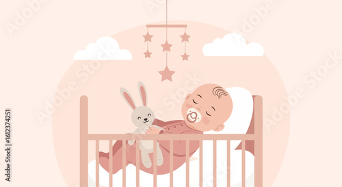 Newborn Peaceful Sleep In Crib With Mobile And Stuffed Toy