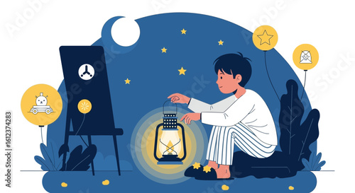 Nighttime Adventures A Boy With Lantern Under Starry Sky Illustration