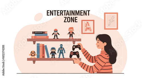 Illustration of a woman in entertainment zone with books and toys on a shelf