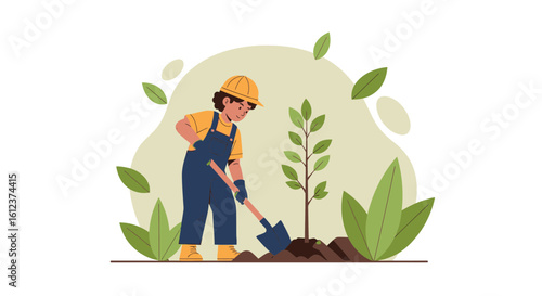 Illustration of a worker planting a tree as a metaphor for environmental sustainability and reforestation efforts