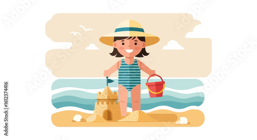 Little Girl Is Building Sandcastle On Seaside And Feeling Happy Holiday