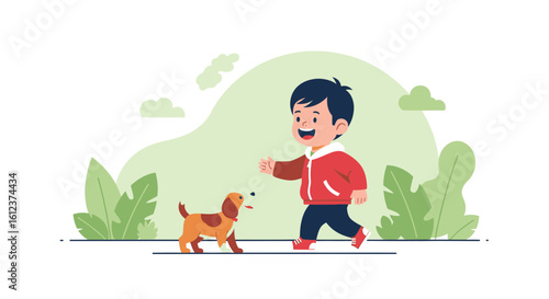 Joyful Boy Playing Fetch With His Puppy In A Greenish Landscape Scene