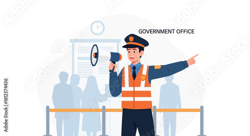 Officer Directing Public With Megaphone in Governmental Services Building