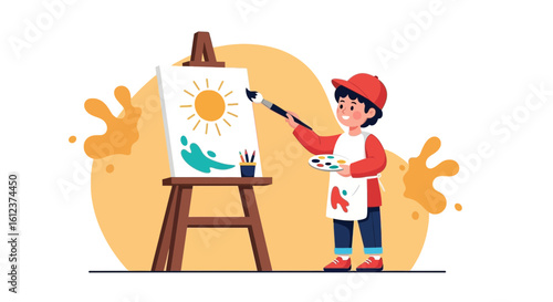 Illustration of a young artist painting a sun on a canvas with an easel and paints expressing creativity