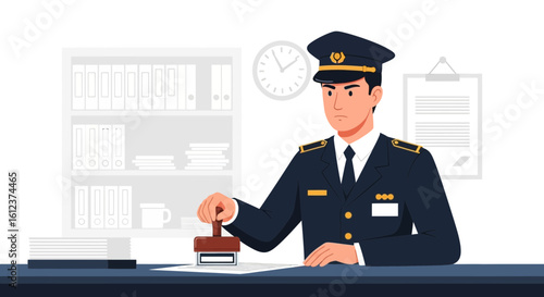 Official Approving Documents With a Stamp at The Workplace Illustration