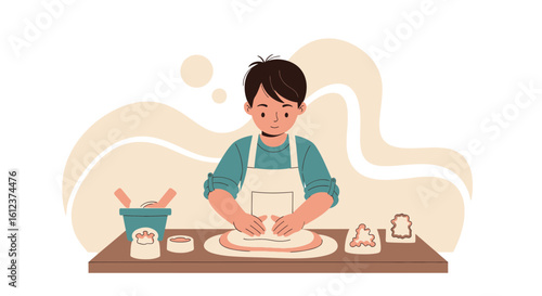 Illustration of a young baker creating cookies, captured in a charming and warm setting