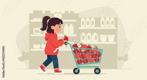 Little Girl Pushing a Shopping Cart Full of Apples in a Supermarket