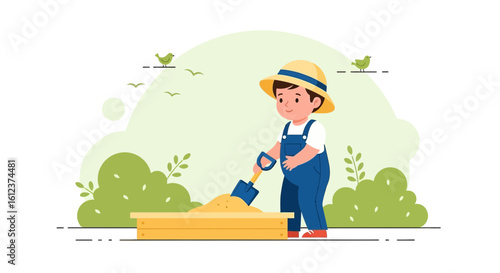 Joyful Boy Plays In Sandbox With Hat And Shovel Outdoor Fun Illustration
