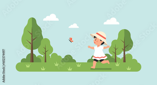 Little Girl Running To Catch Butterfly On A Beautiful Spring Day