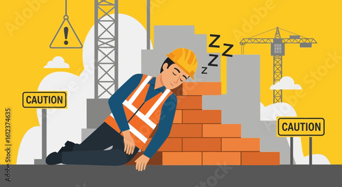 Overworked Construction Worker Taking a Nap Against the Brick Wall After Hard Work