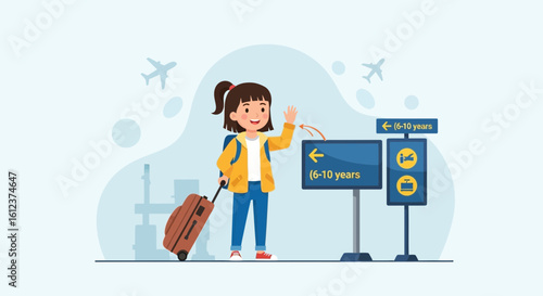 Little traveler: Animated girl with suitcase ready for adventure at the airport