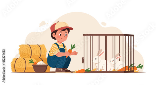 Illustration Of A Young Boy Feeding Carrots To Rabbits In A Cage