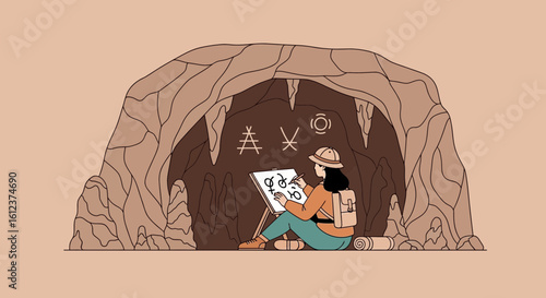 Paleoanthropologist Documenting Ancient Cave Markings And Symbols In A Subterranean Grotto