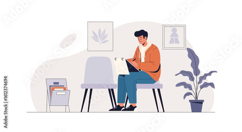 Patient In Waiting Area Taking Notes With Potted Plant And Magazine Rack