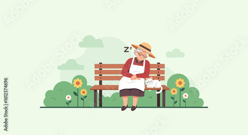 Peaceful Afternoon Nap: Elderly Woman Resting With Her Cat on Park Bench