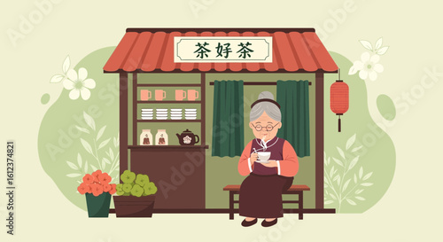 Peaceful Moment Elderly Woman Enjoying Tea At Traditional Asian Tea House