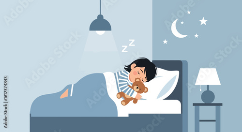 Peaceful Night A Child Sleeping Soundly With A Teddy Bear In The Bed