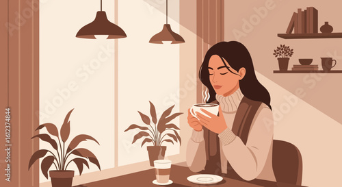 Peaceful Morning: Young Woman Enjoys Coffee Moment at Home Near Window
