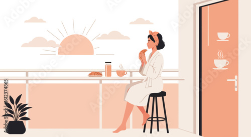 Peaceful Morning Rituals Woman Enjoying Breakfast Balcony Sunrise