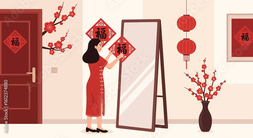 Lunar New Year Preparations Woman Decorating Home With Traditional Emblems