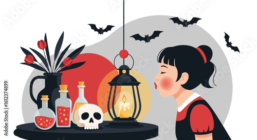 Magical Evening With Enchanting Potion And Flying Bats In The Spooky Night