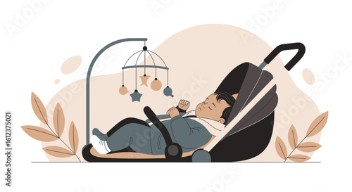 Peaceful Slumber Newborn In Stroller Underneath Baby Crib Mobile Illustration