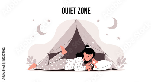 Peaceful Slumber Girl Camping Under Canvas Tent At Night With Teddy Bear
