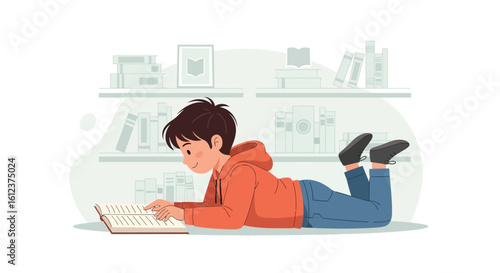 Illustration of a young boy reading a book lying on his stomach near bookshelfs