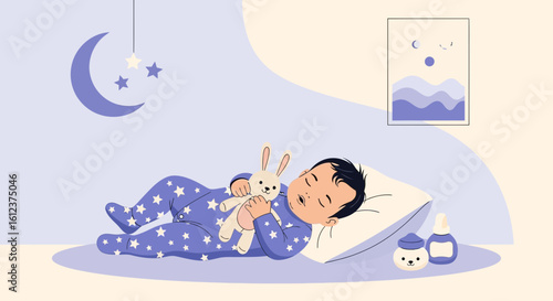 Peaceful Slumber Sweet Dreams Of A Baby Embracing A Bunny At Nighttime
