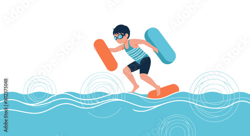 Joyful Child Playing With Colorful Foam Floats In Watery Adventure Scene