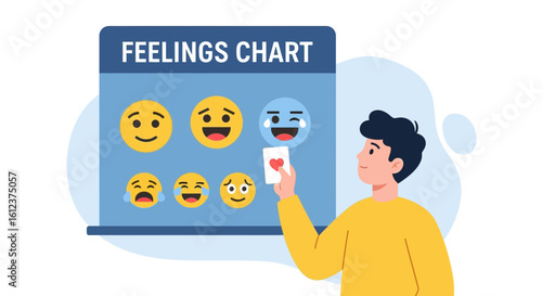 Man Checks His Emotions Chart With Different Facial Expressions Moods