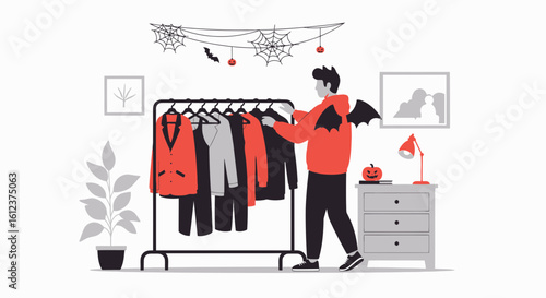 Man Choosing Halloween Costume From Wardrobe For Spooky Celebration At Home