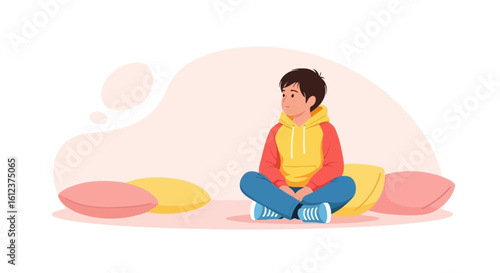 Pensive Boy In Casual Clothes Sitting On Floor With Cushions Around Him