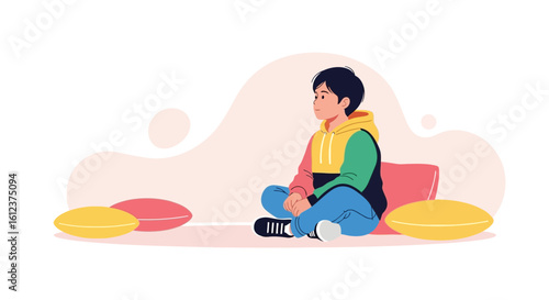 Pensive Boy Sitting Comfortably on Cushions Lost In Thought Relaxing at Home