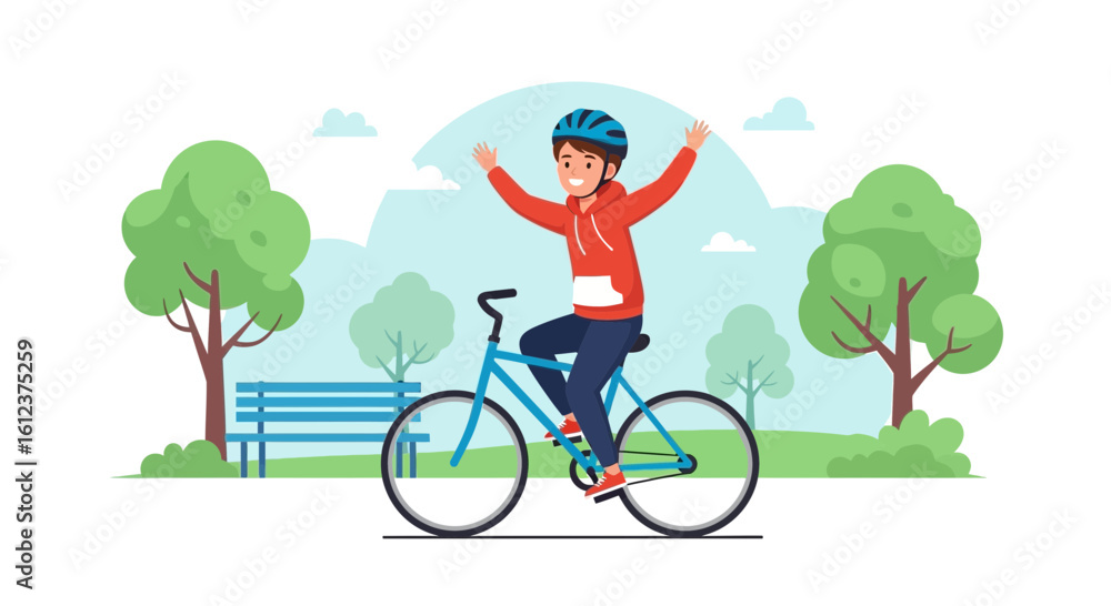 Naklejka premium Joyful cyclist enjoying a ride in the park with arms raised in celebration of freedom