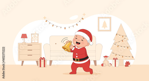 Joyful Christmas: Little Santa Claus Ringing Bell in Decorated Home
