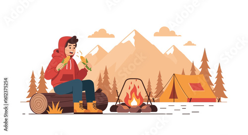 Man Eating Corn At Campground Enjoying Outdoor Leisure Time At Campsite