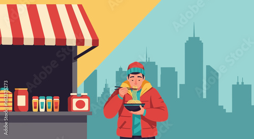 Man Eating Noodles At Food Stand In Cityscape Scene Illustration