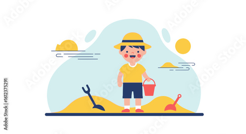 Playful Child Enjoys Day At Beach With Sand, Tools And Warm Sunshine