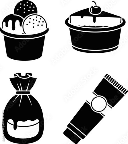 Set of Sweet Treat Icons Ice Cream Cake Bag and Tube Design Elements Black and White Graphics