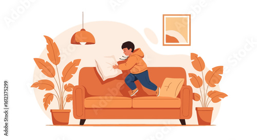 Playful Childhood A Boy's Energetic Leap And Pillow Fight On Couch At Home