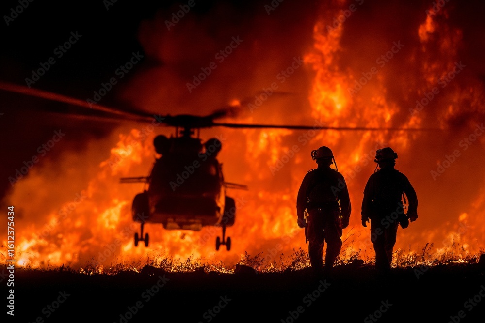 Fototapeta premium Wildfire illumination: helicopter silhouette in night sky. Helicopter technology. California's firefighting fleet expanded with latest firehawk models. Forest fire battle. Aerial operations.