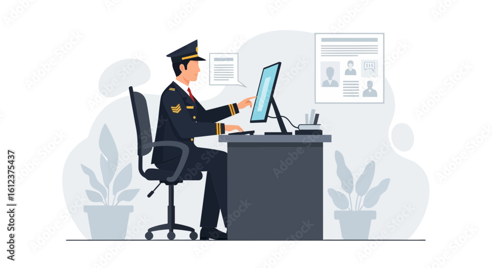 Police Officer Working At Computer In Office Checking Security Data Police Officer Working At Computer In Office Checking Security Data