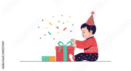 Joyful First Birthday Celebration Baby With Presents And Confetti Minimal Style