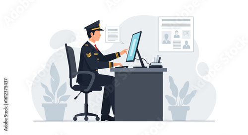 Police Officer Working At Computer In Office Checking Security Data