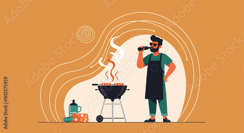 Man Enjoying Outdoor Barbecue Grilling Sausages With Cold Drink Refreshment