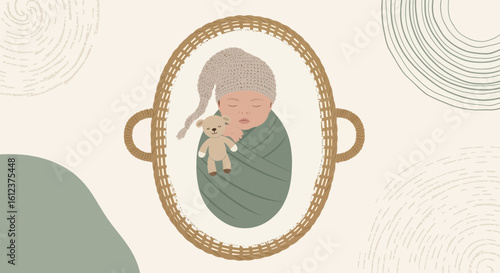 Precious Newborn Sleeping Peacefully In A Basket With Teddy Bear Illustration