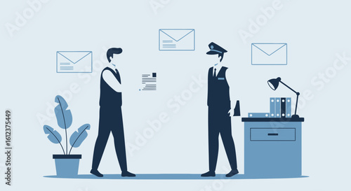 Postman Delivering Mail To Businessman In Office With Clean Background Design