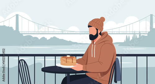Man Enjoying Pancakes With City Bridge View Minimalist Vector Illustration